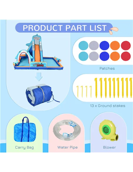 Outsunny 6 in 1 Shark-Themed Bouncy Castle, Inflatable Water Park, with Slide, Pool, Trampoline, Blower, for Ages 3-8 Years