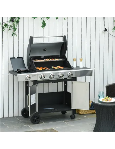 Outsunny Gas Barbecue Grill 4+1 Burner Garden Smoker BBQ Trolley w/ Side Burner Warming Rack Side Shelves Storage Cabinet Piezo 