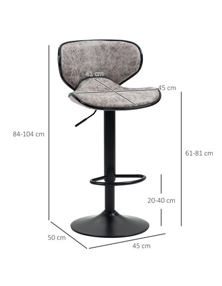 HOMCOM Bar Stool Set of 2 Microfiber Cloth Adjustable Height Armless Chairs with Swivel Seat, Grey