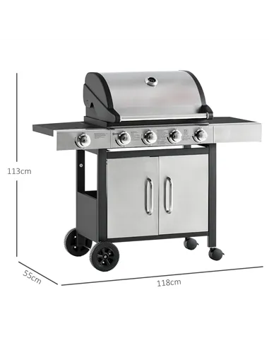 Outsunny Gas Barbecue Grill 4+1 Burner Garden Smoker BBQ Trolley w/ Side Burner Warming Rack Side Shelves Storage Cabinet Piezo 