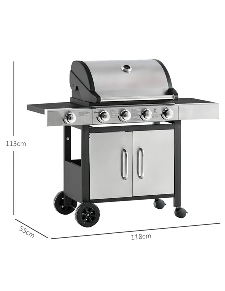 Outsunny Gas Barbecue Grill 4+1 Burner Garden Smoker BBQ Trolley w/ Side Burner Warming Rack Side Shelves Storage Cabinet Piezo 