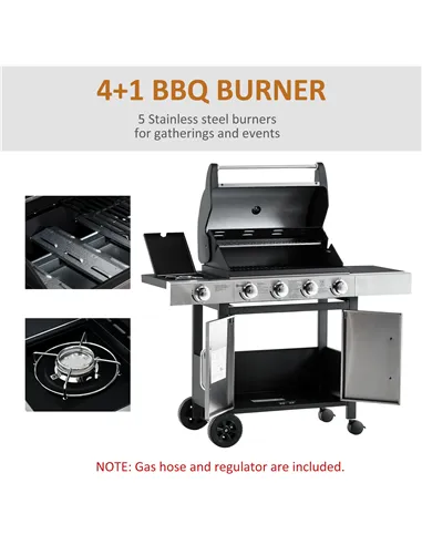 Outsunny Gas Barbecue Grill 4+1 Burner Garden Smoker BBQ Trolley w/ Side Burner Warming Rack Side Shelves Storage Cabinet Piezo 