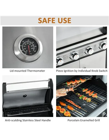 Outsunny Gas Barbecue Grill 4+1 Burner Garden Smoker BBQ Trolley w/ Side Burner Warming Rack Side Shelves Storage Cabinet Piezo 