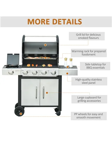 Outsunny Gas Barbecue Grill 4+1 Burner Garden Smoker BBQ Trolley w/ Side Burner Warming Rack Side Shelves Storage Cabinet Piezo 