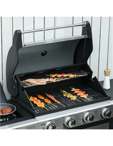 Outsunny Gas Barbecue Grill 4+1 Burner Garden Smoker BBQ Trolley w/ Side Burner Warming Rack Side Shelves Storage Cabinet Piezo 