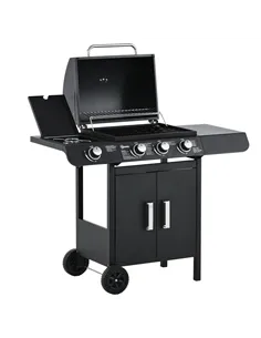Outsunny 3+1 Burner Gas BBQ Grill, Outdoor Barbecue Trolley with Wheels, Warming Rack, Side Shelves, Cabinet, Thermometer for Ga