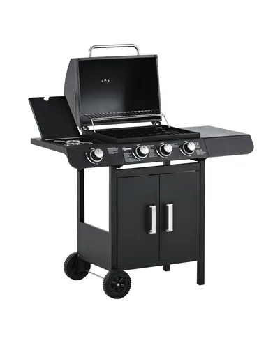Outsunny 3+1 Burner Gas BBQ Grill, Outdoor Barbecue Trolley with Wheels, Warming Rack, Side Shelves, Cabinet, Thermometer for Ga