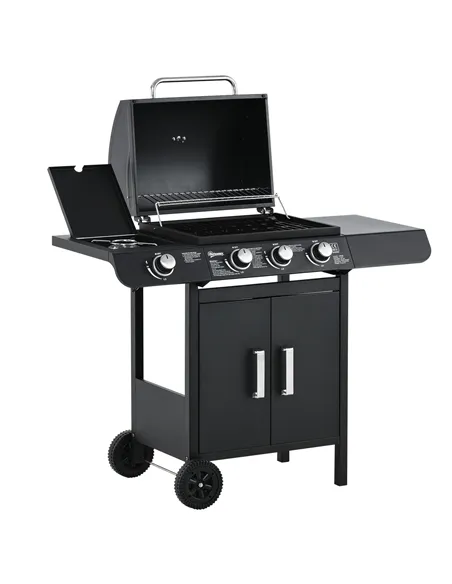 Outsunny 3+1 Burner Gas BBQ Grill, Outdoor Barbecue Trolley with Wheels, Warming Rack, Side Shelves, Cabinet, Thermometer for Ga