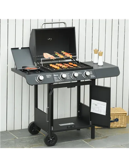 Outsunny 3+1 Burner Gas BBQ Grill, Outdoor Barbecue Trolley with Wheels, Warming Rack, Side Shelves, Cabinet, Thermometer for Ga