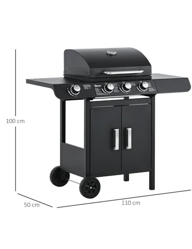 Outsunny 3+1 Burner Gas BBQ Grill, Outdoor Barbecue Trolley with Wheels, Warming Rack, Side Shelves, Cabinet, Thermometer for Ga