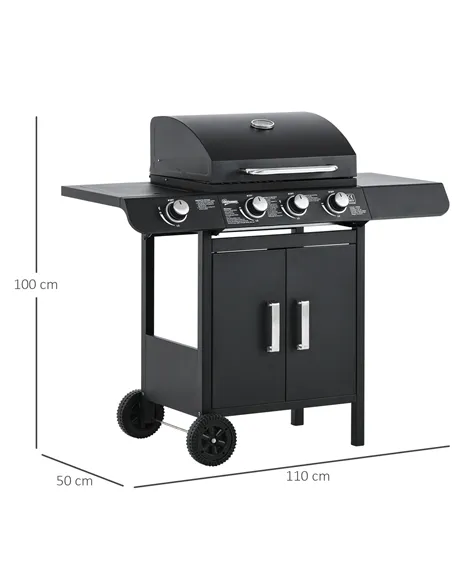 Outsunny 3+1 Burner Gas BBQ Grill, Outdoor Barbecue Trolley with Wheels, Warming Rack, Side Shelves, Cabinet, Thermometer for Ga