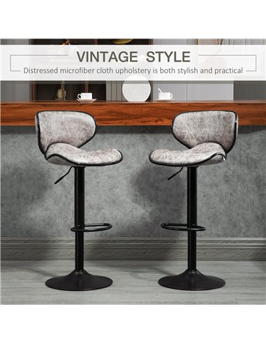 HOMCOM Bar Stool Set of 2 Microfiber Cloth Adjustable Height Armless Chairs with Swivel Seat, Grey