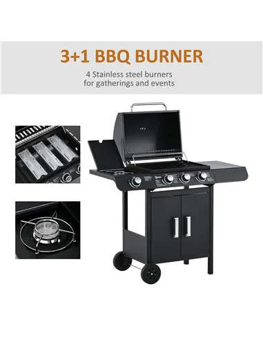 Outsunny 3+1 Burner Gas BBQ Grill, Outdoor Barbecue Trolley with Wheels, Warming Rack, Side Shelves, Cabinet, Thermometer for Ga