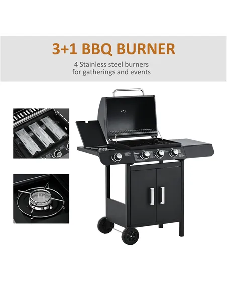 Outsunny 3+1 Burner Gas BBQ Grill, Outdoor Barbecue Trolley with Wheels, Warming Rack, Side Shelves, Cabinet, Thermometer for Ga