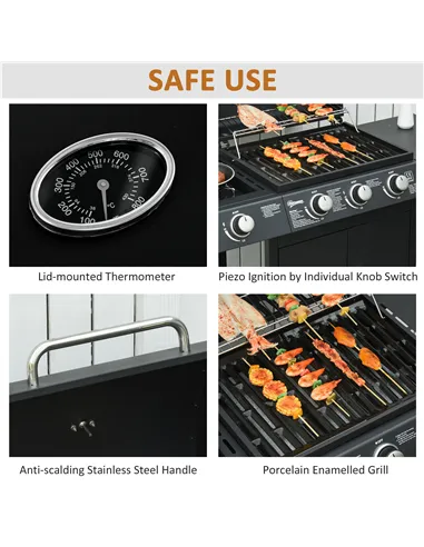 Outsunny 3+1 Burner Gas BBQ Grill, Outdoor Barbecue Trolley with Wheels, Warming Rack, Side Shelves, Cabinet, Thermometer for Ga