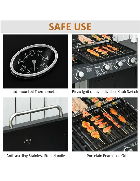 Outsunny 3+1 Burner Gas BBQ Grill, Outdoor Barbecue Trolley with Wheels, Warming Rack, Side Shelves, Cabinet, Thermometer for Ga