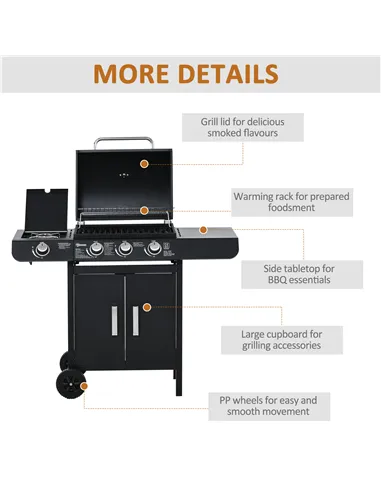 Outsunny 3+1 Burner Gas BBQ Grill, Outdoor Barbecue Trolley with Wheels, Warming Rack, Side Shelves, Cabinet, Thermometer for Ga