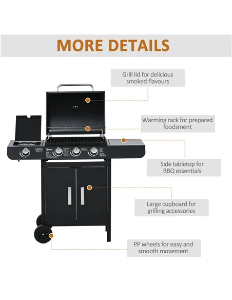Outsunny 3+1 Burner Gas BBQ Grill, Outdoor Barbecue Trolley with Wheels, Warming Rack, Side Shelves, Cabinet, Thermometer for Ga