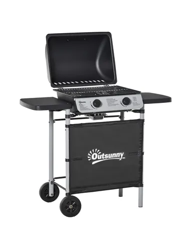 Outsunny 2 Burner Gas BBQ Trolley with Lid, 5.6 kW Gas Barbecue Grill with Wheels, Side Shelves, Black