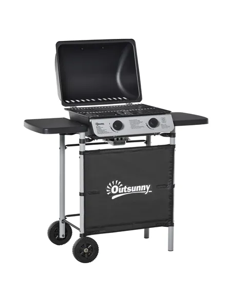 Outsunny 2 Burner Gas BBQ Trolley with Lid, 5.6 kW Gas Barbecue Grill with Wheels, Side Shelves, Black