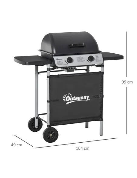 Outsunny 2 Burner Gas BBQ Trolley with Lid, 5.6 kW Gas Barbecue Grill with Wheels, Side Shelves, Black