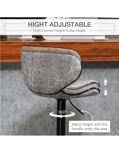 HOMCOM Bar Stool Set of 2 Microfiber Cloth Adjustable Height Armless Chairs with Swivel Seat, Grey