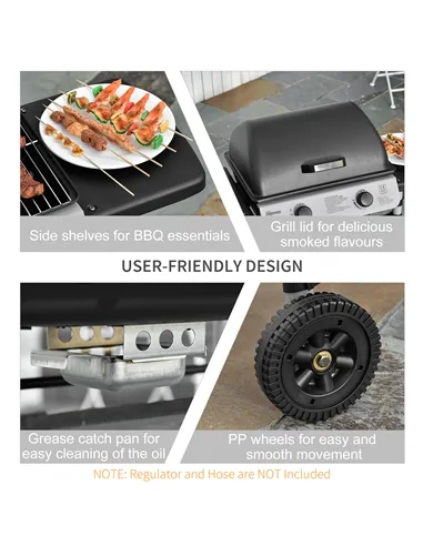 Outsunny 2 Burner Gas BBQ Trolley with Lid, 5.6 kW Gas Barbecue Grill with Wheels, Side Shelves, Black