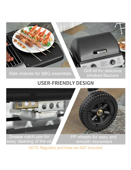 Outsunny 2 Burner Gas BBQ Trolley with Lid, 5.6 kW Gas Barbecue Grill with Wheels, Side Shelves, Black