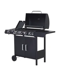 Outsunny 4+1 Burner Gas BBQ Grill, Outdoor Barbecue Trolley with Wheels, Warming Rack, Side Shelves, Cabinet, Thermometer for Ga