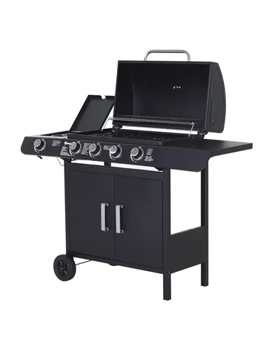 Outsunny 4+1 Burner Gas BBQ Grill, Outdoor Barbecue Trolley with Wheels, Warming Rack, Side Shelves, Cabinet, Thermometer for Ga