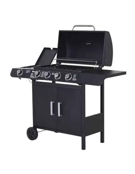 Outsunny 4+1 Burner Gas BBQ Grill, Outdoor Barbecue Trolley with Wheels, Warming Rack, Side Shelves, Cabinet, Thermometer for Ga