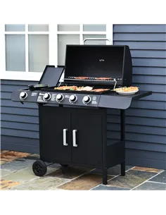 Outsunny 4+1 Burner Gas BBQ Grill, Outdoor Barbecue Trolley with Wheels, Warming Rack, Side Shelves, Cabinet, Thermometer for Ga 2