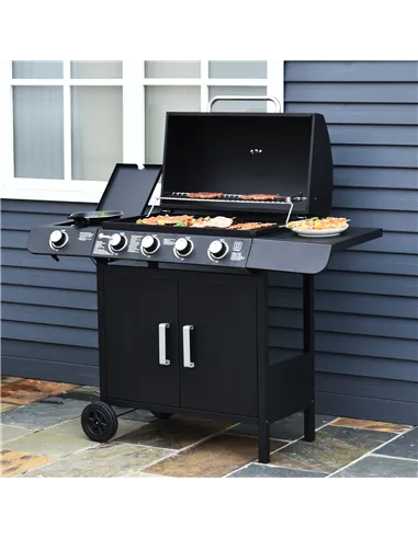 Outsunny 4+1 Burner Gas BBQ Grill, Outdoor Barbecue Trolley with Wheels, Warming Rack, Side Shelves, Cabinet, Thermometer for Ga