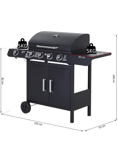 Outsunny 4+1 Burner Gas BBQ Grill, Outdoor Barbecue Trolley with Wheels, Warming Rack, Side Shelves, Cabinet, Thermometer for Ga