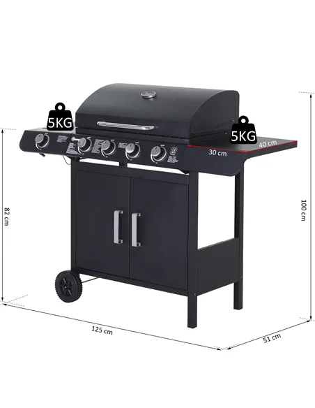 Outsunny 4+1 Burner Gas BBQ Grill, Outdoor Barbecue Trolley with Wheels, Warming Rack, Side Shelves, Cabinet, Thermometer for Ga