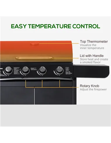 Outsunny 4+1 Burner Gas BBQ Grill, Outdoor Barbecue Trolley with Wheels, Warming Rack, Side Shelves, Cabinet, Thermometer for Ga