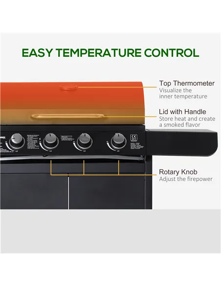 Outsunny 4+1 Burner Gas BBQ Grill, Outdoor Barbecue Trolley with Wheels, Warming Rack, Side Shelves, Cabinet, Thermometer for Ga