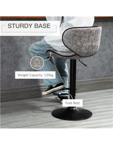 HOMCOM Bar Stool Set of 2 Microfiber Cloth Adjustable Height Armless Chairs with Swivel Seat, Grey