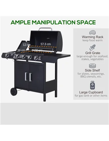 Outsunny 4+1 Burner Gas BBQ Grill, Outdoor Barbecue Trolley with Wheels, Warming Rack, Side Shelves, Cabinet, Thermometer for Ga