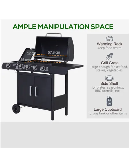 Outsunny 4+1 Burner Gas BBQ Grill, Outdoor Barbecue Trolley with Wheels, Warming Rack, Side Shelves, Cabinet, Thermometer for Ga