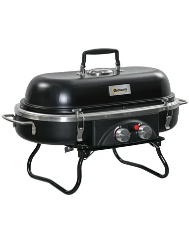 Outsunny Foldable Gas BBQ Grill 2 Burner Table Top Barbecue with Lid Piezo Ignition Thermometer for Camping Picnic Cooking, Alum