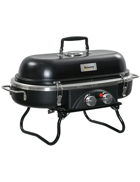 Outsunny Foldable Gas BBQ Grill 2 Burner Table Top Barbecue with Lid Piezo Ignition Thermometer for Camping Picnic Cooking, Alum