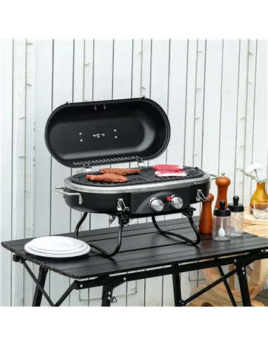 Outsunny Foldable Gas BBQ Grill 2 Burner Table Top Barbecue with Lid Piezo Ignition Thermometer for Camping Picnic Cooking, Alum