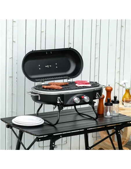 Outsunny Foldable Gas BBQ Grill 2 Burner Table Top Barbecue with Lid Piezo Ignition Thermometer for Camping Picnic Cooking, Alum