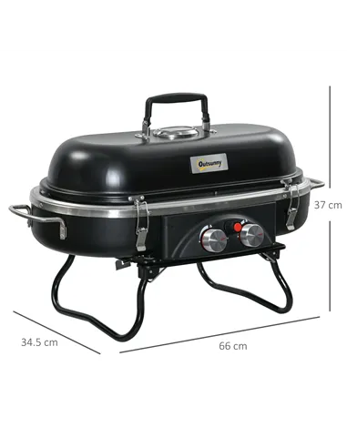 Outsunny Foldable Gas BBQ Grill 2 Burner Table Top Barbecue with Lid Piezo Ignition Thermometer for Camping Picnic Cooking, Alum