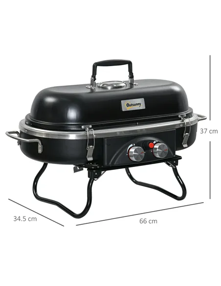 Outsunny Foldable Gas BBQ Grill 2 Burner Table Top Barbecue with Lid Piezo Ignition Thermometer for Camping Picnic Cooking, Alum