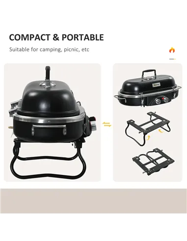 Outsunny Foldable Gas BBQ Grill 2 Burner Table Top Barbecue with Lid Piezo Ignition Thermometer for Camping Picnic Cooking, Alum