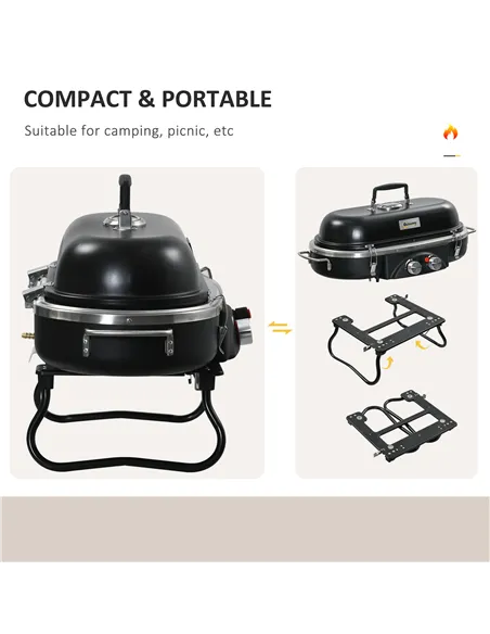 Outsunny Foldable Gas BBQ Grill 2 Burner Table Top Barbecue with Lid Piezo Ignition Thermometer for Camping Picnic Cooking, Alum