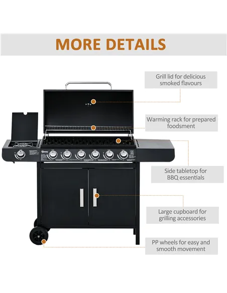 Outsunny Seven Burner Gas Grill, with Integrated Thermometer and Storage