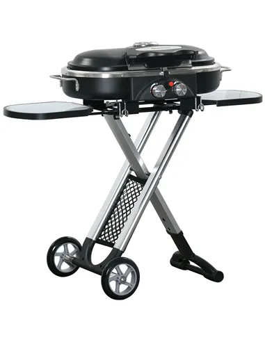 Outsunny Foldable Gas BBQ Grill 2 Burner Garden Barbecue Trolley w/ Lid Side Shelves Storage Pocket Piezo Ignition Thermometer, 